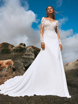 PRONOVIAS YUSHAN Fit & flare wedding dress with three-quarter sleeves